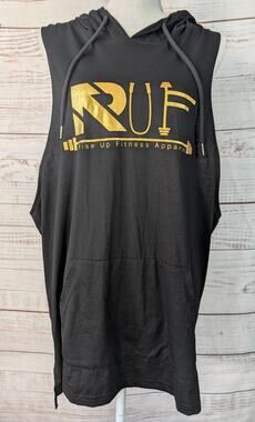 Rise Up Fitness Sleeveless Hoodie 3XL Black Gold Metallic Graphic Gym Cutoff